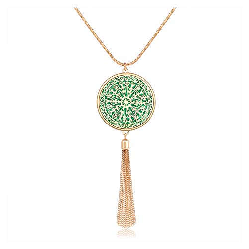MOLOCH Long Necklaces For Woman Disk Circle Pendant Necklaces Tassel Fringe Necklace Set Statement Pendant - color: disk--gold-green
