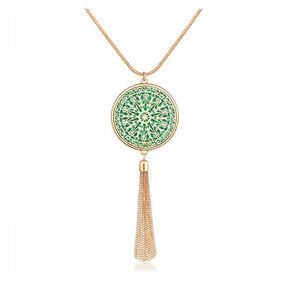 MOLOCH Long Necklaces For Woman Disk Circle Pendant Necklaces Tassel Fringe Necklace Set Statement Pendant - color: disk--gold-green