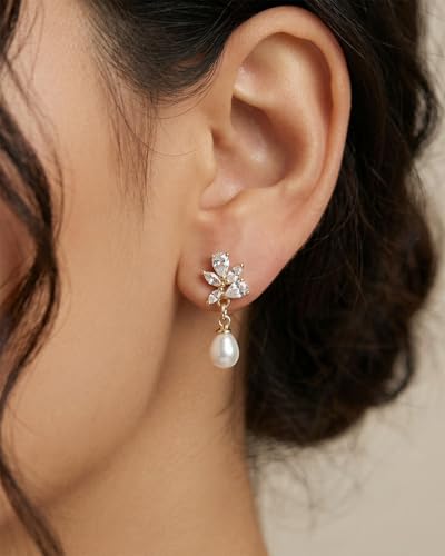 Pearl Earrings - 14K Gold/White Gold/Rose Gold Plated Cubic Zirconia CZ Diaomond Accented Pearl Drop Dangle Earrings for Women Wedding Bridal Prom - color: Leaf drop