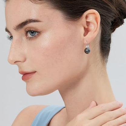 925 Sterling Silver Pearl Leverback Earrings for Women Cubic Zirconia Pearl Jewelry 10MM - color: A: Leverback-Dark Gray