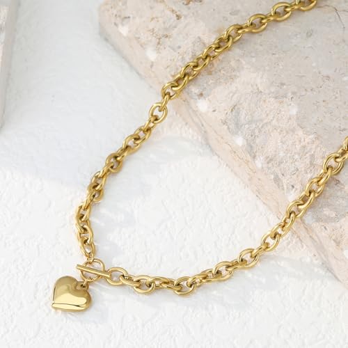 Chunky Gold Necklace for Women, 18K Waterproof Heart Necklace Statement Necklace Gold Charm Necklace Chunky Jewelry Paperclip Chain Choker Gift for Women - style: OT Chunky Chain Heart