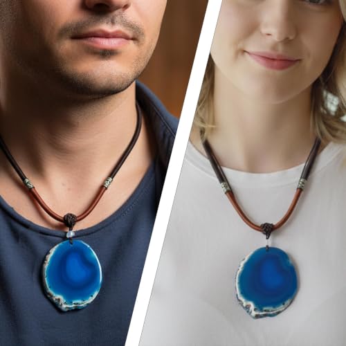 SUNYIK Natural Agate Slice Pendant Necklace for Women Men | Irregular Agate Slice Druzy Geode Pendant Necklace, Adjustable Nylon Rope 17"-29", Boho Healing Crystal Jewelry for Unisex - color: Blue