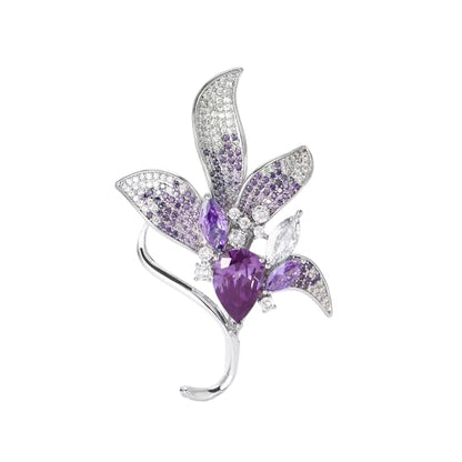 Elegant Purple Lily Flower Brooch Pin Delicate Austrian Crystal Rhinestone Floral Leaf Badges Lapel Pins Clothing Dress Wedding Corsage Accessories Trendy Banquet Prom Jewelry for Women Lady Wife Mom