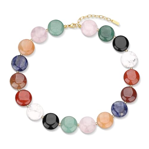 COAI Chunky Colorful Necklace for Women, Summer Beach Jewelry Crystal Flower Necklace for Women, Multi-Gemstones Sodalite Red Jasper Chunky Choker - style: Round Beads Necklace