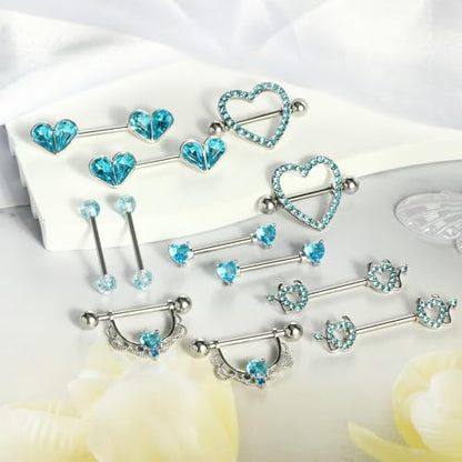 TIANCI FBYJS 6 Pairs Nipple Rings Stainless Steel Heart Butterfly Moon Flower CZ Stud Barbell Tongue Rings Set Cute Nipplerings Piercing Jewelry for Women Pink Tone - color: aqua