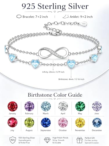 Prismata Infinity Birthstone Charm Link Bracelet/Anklet 925 Sterling Silver Adjustable 12 Months Birthstone Infinity Bracelet/Anklet Birthday Jewelry Gifts for Women Her - color: 03-March, size: 7'+2' Bracelet