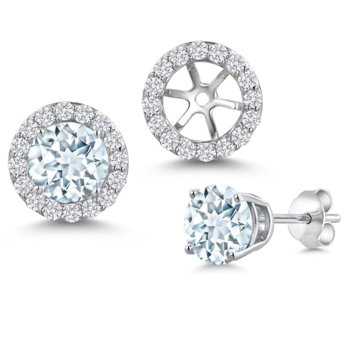 Gem Stone King 14K White Gold 6MM Round Gemstone Birthstone Stud Earrings with Removable Jackets and Lab Grown Diamond Accents | Gold Earrings For Women | Fine Jewelry Gift for Her Mom Women Wife - color: Aquamarine-March