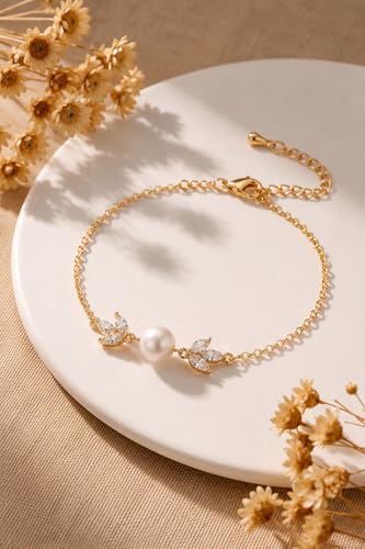 Gold Bracelets for Women Pearl Bracelet 14k Gold/White Gold Plated | Dainty Cubic Zirconia CZ Accented, Bridesmaid Jewelry, Prom Bracelet, Wedding Bracelets for Brides - color: gold-leaf