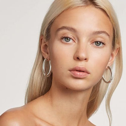 sovesi Chunky Hoop Earrings for Women, 14K Gold Plated Thick Hoops | 5mm Thick Hollow Tube Chunky Lightweight Hypoallergenic Hoop Earrings for Women - style: Silver 40MM