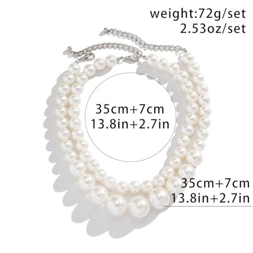 SukAmi Big Pearl Choker Necklace Chunky Large Simulated Faux Pearl Necklace Women White Layers Pearl Necklace Wedding Party Jewelry 20s Gift 2PCS 35+7cm
