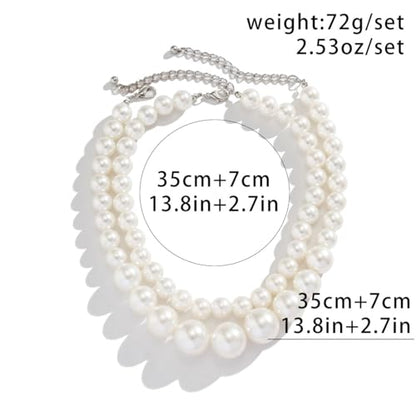 SukAmi Big Pearl Choker Necklace Chunky Large Simulated Faux Pearl Necklace Women White Layers Pearl Necklace Wedding Party Jewelry 20s Gift 2PCS 35+7cm