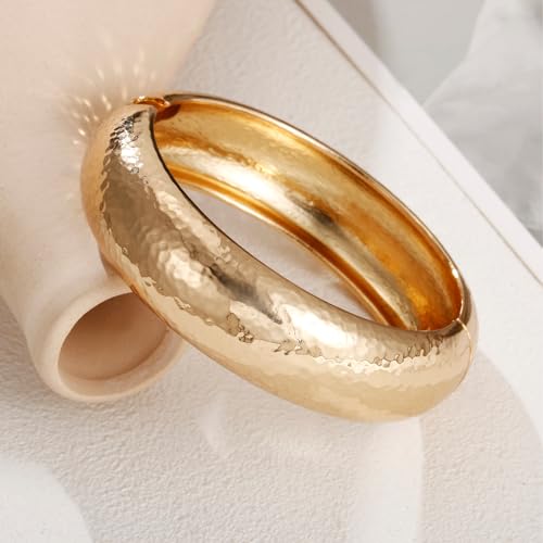 Golden Polished Chunky Twisted Hinged Waterdrop Bangle Bracelet for Women Spiraled Oval Bangle Bracelet - color: Gold Wide Round Hammered Bangle
