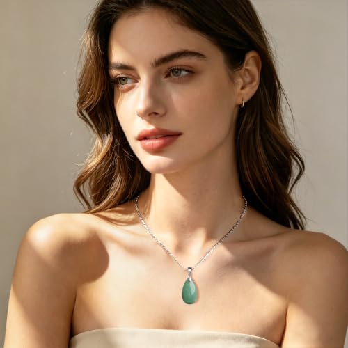 Natural Stone Teardrop Pendant Necklace, Birthstone Water Drop Gemstone Necklace with Stainless Steel Chain for Women - color: Aventurine