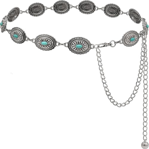 Women's Concho Chain Belt Western Cowgirl Metal Waist Chain | Belt for Dress - color: B Silver, size: L: 53.1 in