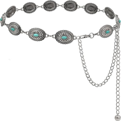 Women's Concho Chain Belt Western Cowgirl Metal Waist Chain | Belt for Dress - color: B Silver, size: L: 53.1 in