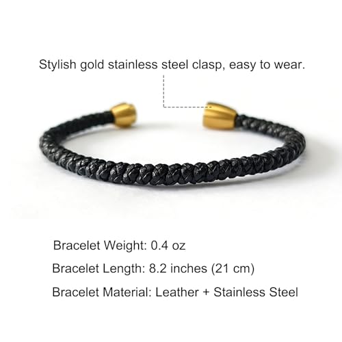 Men's Leather Bracelet, Stackable Stainless Steel Clasp Bracelets for Men Stylish Birthday, Thanksgiving, Valentine's Day Gift for My Man (8.2" Black and Golden) | Men's Accessory, Leather Band, Stainless Steel, Wrist Bracelet