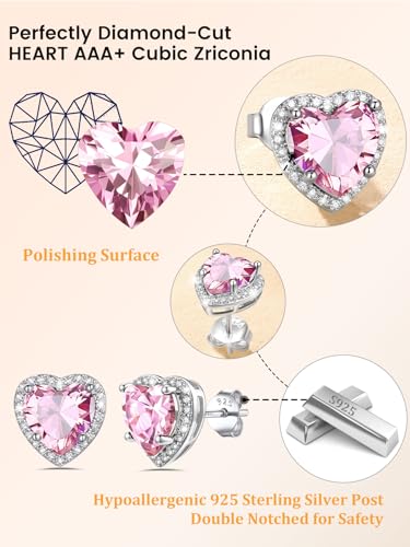 Bestyle Authentic 925 Sterling Silver 2 Carat Birthstone Earrings for Women, More Sparkle Heart/Round Solitaire Diamond Studs Earrings, Great Birthday/Christmas/Anniversary Jewelry for Wife Mother - color: 10. Oct. Pink Tourmaline-Heart