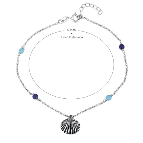 Vanbelle Sterling Silver Jewelry - Rhodium Plated 925 Stamp - Sea Shell Charm and Beads Anklet - Elegant Stylish Beautifully Designed for Women - 9" Long + 1" Extender