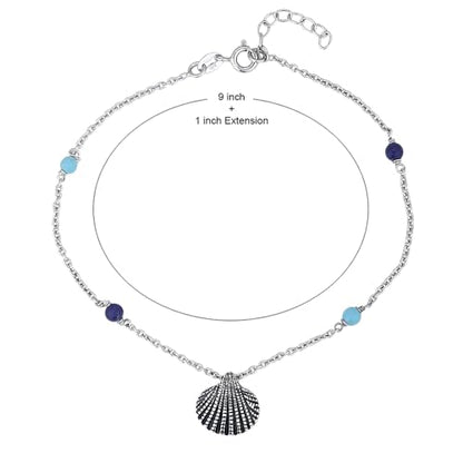 Vanbelle Sterling Silver Jewelry - Rhodium Plated 925 Stamp - Sea Shell Charm and Beads Anklet - Elegant Stylish Beautifully Designed for Women - 9" Long + 1" Extender