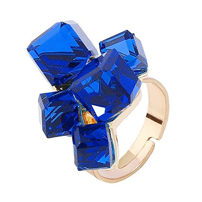 Hebelee Boho Square Crystal Statement Ring for Women Adjustable | Gold-Toned Expandable Promise Engagement Geometric Rings Comfort Fit Elegant Art Deco Christmas Cocktail Y2K Jewelry - color: Blue