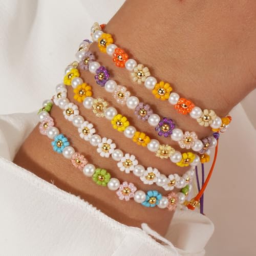 Daisy Pearl Flower Beaded Bracelets for Women, Colorful Floral Adjustable Rope Gold Seed Beads Stackable Boho Pearl Braided Flower Bracelet Stack Summer Jewelry Trendy Cute Friendship Gifts