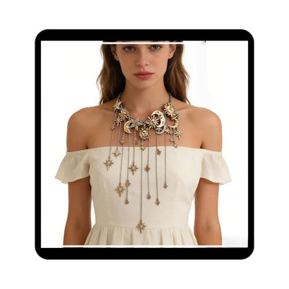 Vintage Exaggerated Alloy Zirconia Moon Star Multi-Pendant Tassel Necklace, Luxury High-End Style, Elegant Jewelry for Women
