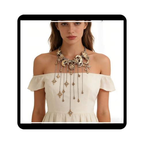 Vintage Exaggerated Alloy Zirconia Moon Star Multi-Pendant Tassel Necklace, Luxury High-End Style, Elegant Jewelry for Women