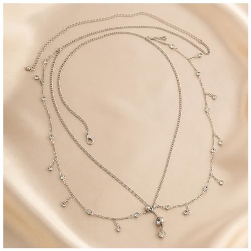 Summer Beach Multi-layer Crystal Belly Buttom Ring with Waist Chain Bikini Rhinestone Navel Piercing Dangle Belly Button Rings Waist Chain Sexy Belly Body Chain Jewelry for Women - style: Silver