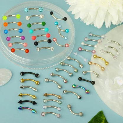 Suotarn 47pcs 16G Stainless Steel Eyebrow Piercing Rings Clear CZ Curved Barbell Helix Daith Rook Earrings Piercing Body Jewelry for Women Men - style: 47pcs mix