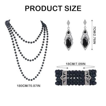 1920s Pearl Jewelry Set - Long Pearl Necklace, Earring Set, Multilayer Bracelet - Flapper Accessories for Women - color: Novelty