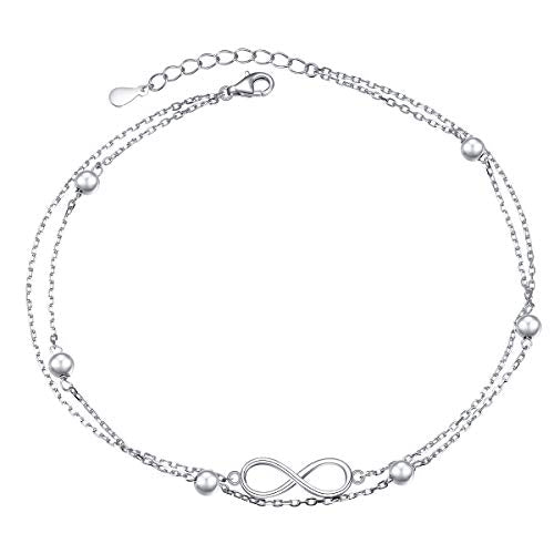 Flyow Anklet for Women S925 Sterling Silver Adjustable Foot Beaded Heart Charm Ankle Bracelet Anklets Jewelry - style: infinity 11+1