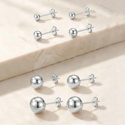 ToHeart 5 Pairs 14K Gold Silver Ball Stud Earrings for Women Studs Set | 3-7MM Studs Hypoallergenic Lightweight Small Ball Earrings Multiple Piercing Earrings Set - color: Silver
