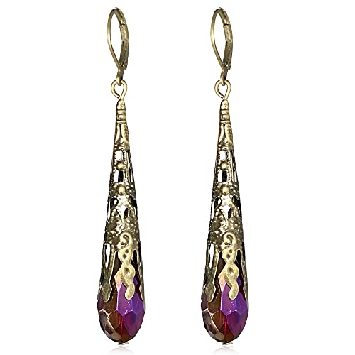 Indian Ethnic Vintage Gold Brone Sparkly Crystal Teardrop Dangle Drop Earrings Bohemian Gypsy Retro Rhinestone Hook Earrings for Women Love Statement Jewelry Gift - color: Colorful Purple