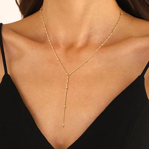 CAROVO Gold Necklace for Women Dainty Long Necklace 14K Gold/Silver Lariat Y-Shaped Pendant Necklaces Trendy Layered Lip Cubic Zirconia Beaded Chain Drop Necklaces Jewelry for Women Gifts - color: Gold, style: A: Gold Y Necklace Bead-258