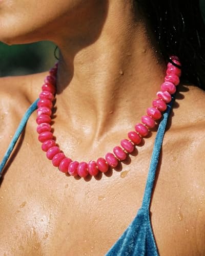 Elegance 11 designs Colorful Chunky Beaded Necklace for Women,Thick Acrylic Disc Bead Choker Statement Necklace Cute Trendy Necklaces Jewelry Gifts for Women - color: Rose red