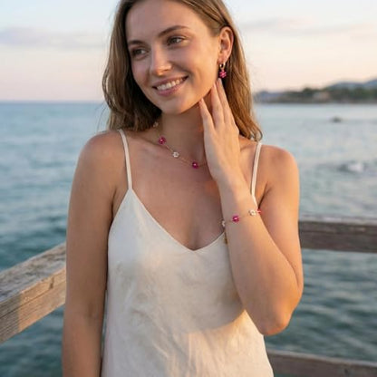 Daisy Pearl Jewelry Set for Women, 14K Gold Plated Stainless Steel Necklace Bracelet Earring 3 Piece Set, Dainty Pearl Choker Flower Necklace Birthday Gift for Her - color: Rose Red + Pearl White