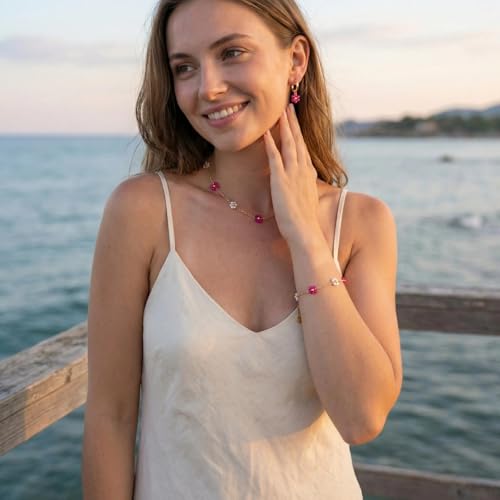 Daisy Pearl Jewelry Set for Women, 14K Gold Plated Stainless Steel Necklace Bracelet Earring 3 Piece Set, Dainty Pearl Choker Flower Necklace Birthday Gift for Her - color: Rose Red + Pearl White
