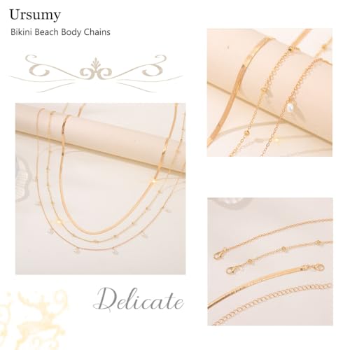 Ursumy Gold Waist Chains Layered Sequin Waist Chain Beaded Body Chain Adjustable Bikini Belly Chain for Women
