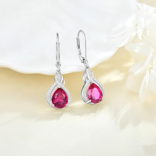 925 Sterling Silver Infinity Teardrop Earrings for Women | Lwsary Dangle Drop Leverback Earrings, Pear Shaped Birthstone Jewelry for Her - color: Deep Red