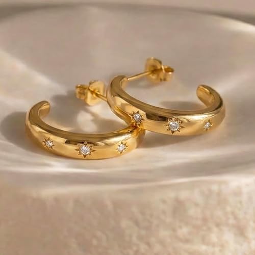 18K Gold Plated Stainless Steel Statement Earrings for Women - Trendy Hoops with Cubic Zirconia - Lightweight Non-Tarnish Waterproof Fashion Jewelry Gift - style: Zircon C-shaped Hoop