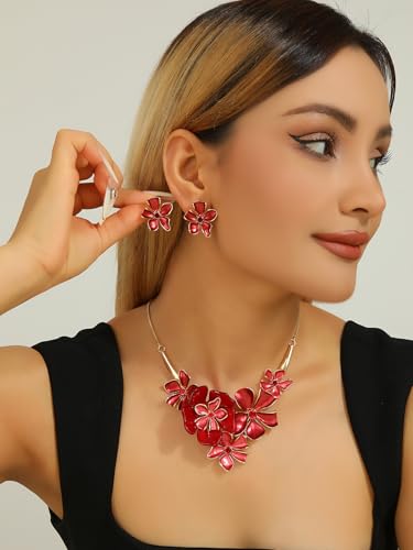 Chunky Statement Jewelry Set Vintage Retro Leaf Flower Floral Geometric Bohemian Boho Bib Necklace Earring Set Fashion Costume Jewelry for Women Girls Wedding Party Prom Unique Gift - style: 5 petal flower JS gold red