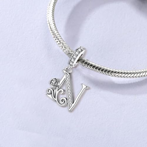 LNQOBU Complete A~Z Alphabet Charm Letter Beads, Solid 925 Sterling Silver with Cubic Stones Rose Alphabet Charm fits Pandora Bracelets Necklace Women Jewelry - color: CYT-N