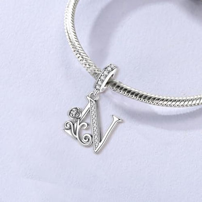 LNQOBU Complete A~Z Alphabet Charm Letter Beads, Solid 925 Sterling Silver with Cubic Stones Rose Alphabet Charm fits Pandora Bracelets Necklace Women Jewelry - color: CYT-N