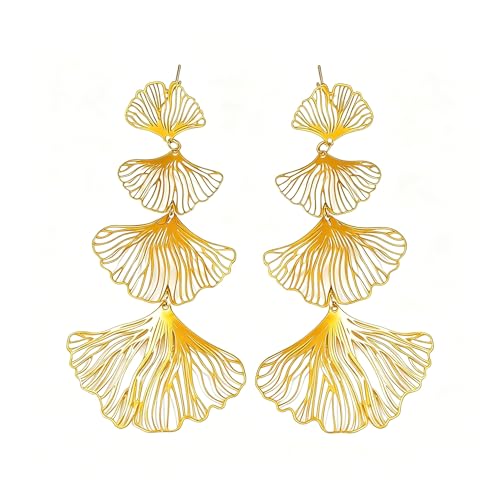 Gold Statement Earrings For Women, 14K Gold Plated Textured Geometric Drop Earrings - Hypoallergenic Stainless Steel Statement Earrings for Women, Waterproof Fan-Shaped Dangle Earrings for Beach & Daily Wear - color: Ginkgo Leaf DKE252038GL