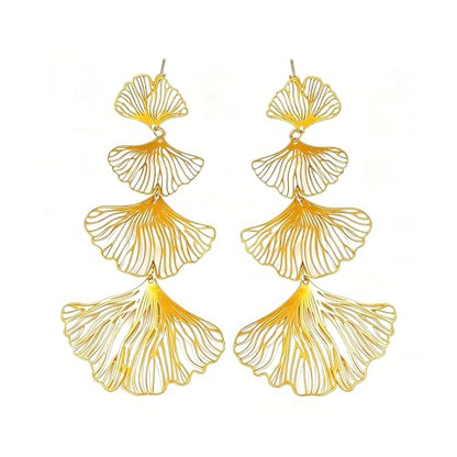 Gold Statement Earrings For Women, 14K Gold Plated Textured Geometric Drop Earrings - Hypoallergenic Stainless Steel Statement Earrings for Women, Waterproof Fan-Shaped Dangle Earrings for Beach & Daily Wear - color: Ginkgo Leaf DKE252038GL