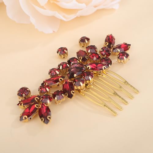 Dainty Teardrop Rhinestone Crystal Wedding Hair Comb Handmade Hair Side Comb Women Girls Wedding Headpiece Silver Gold Wedding Hair Accessories for Brides Bridesmaid (wine red) - color: wine red