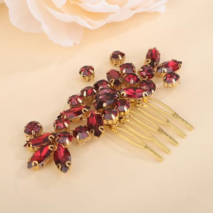 Dainty Teardrop Rhinestone Crystal Wedding Hair Comb Handmade Hair Side Comb Women Girls Wedding Headpiece Silver Gold Wedding Hair Accessories for Brides Bridesmaid (wine red) - color: wine red