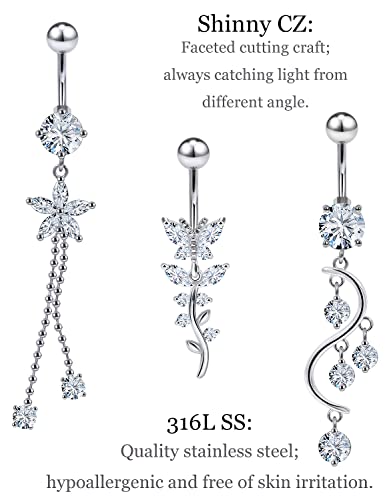 7PCS 14G 10mm Stainless Steel Dangle Belly Button Rings for Women Belly Piercing CZ Inlaid - style: Silver-B