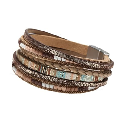 PU Leather Wrap Bracelet for Women Bohemian Handwoven Multi Layered Wristband Fashion Jewelry Accessory 7.68 Inch - color: Khaki