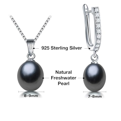Pearl Jewelry Set For Women Pearl Pendant Necklace & Pearl Earrings with Sparkling Rhinestones 925 Sterling Silver Freshwater Pearl Drop Jewelry Set for Wedding Prom Gift - color: Silvery-Black